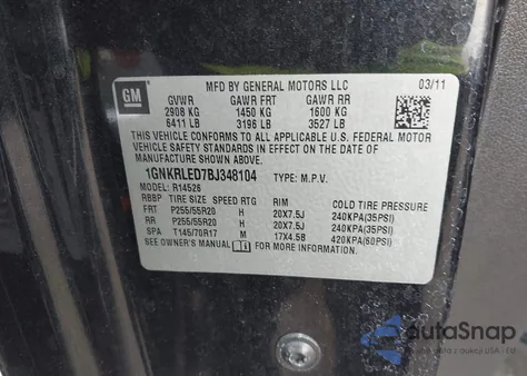 2011 Chevrolet Traverse Ltz from USA, damaged, VIN 1GNKRLED7BJ348104